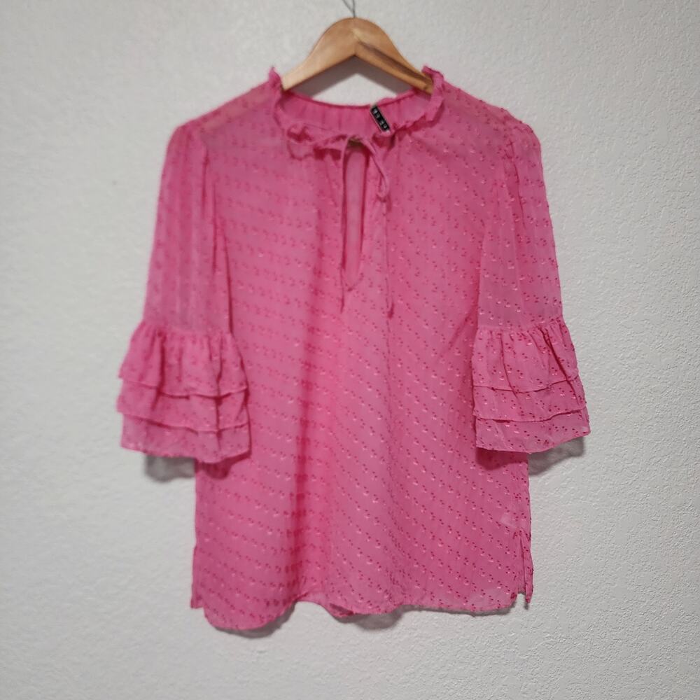 Alice + Olivia Pink Clip Dot Chiffon Blouse Tiered Ruffle Bell Sleeve Silk Large